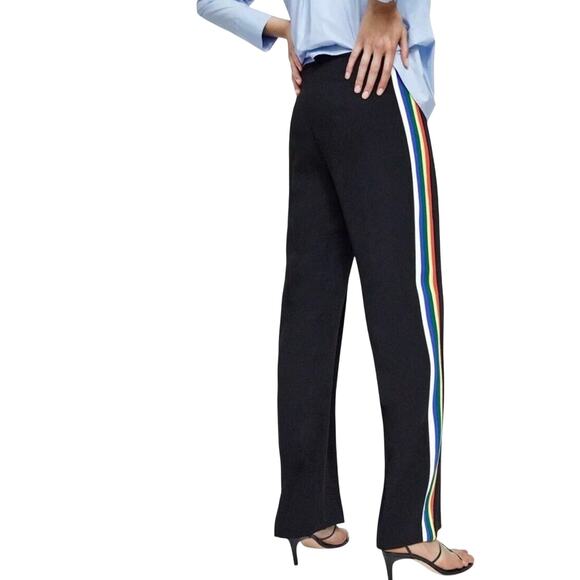 Zara Wide Leg Black Rainbow Side Stripe High Waist Pants Front Zip Flowy Fabric - Picture 7 of 16